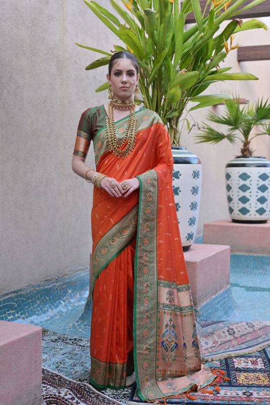 Women Paithani Aarti Orange Saree With Unstiched Blouse