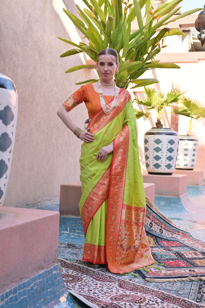 Women Paithani Aarti Pista Saree With Unstiched Blouse