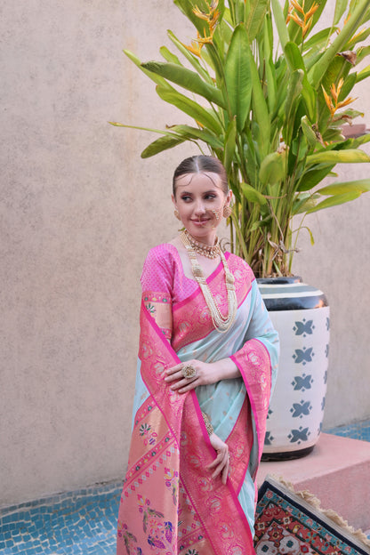 Women Paithani Aarti Sea Green Saree With Unstiched Blouse