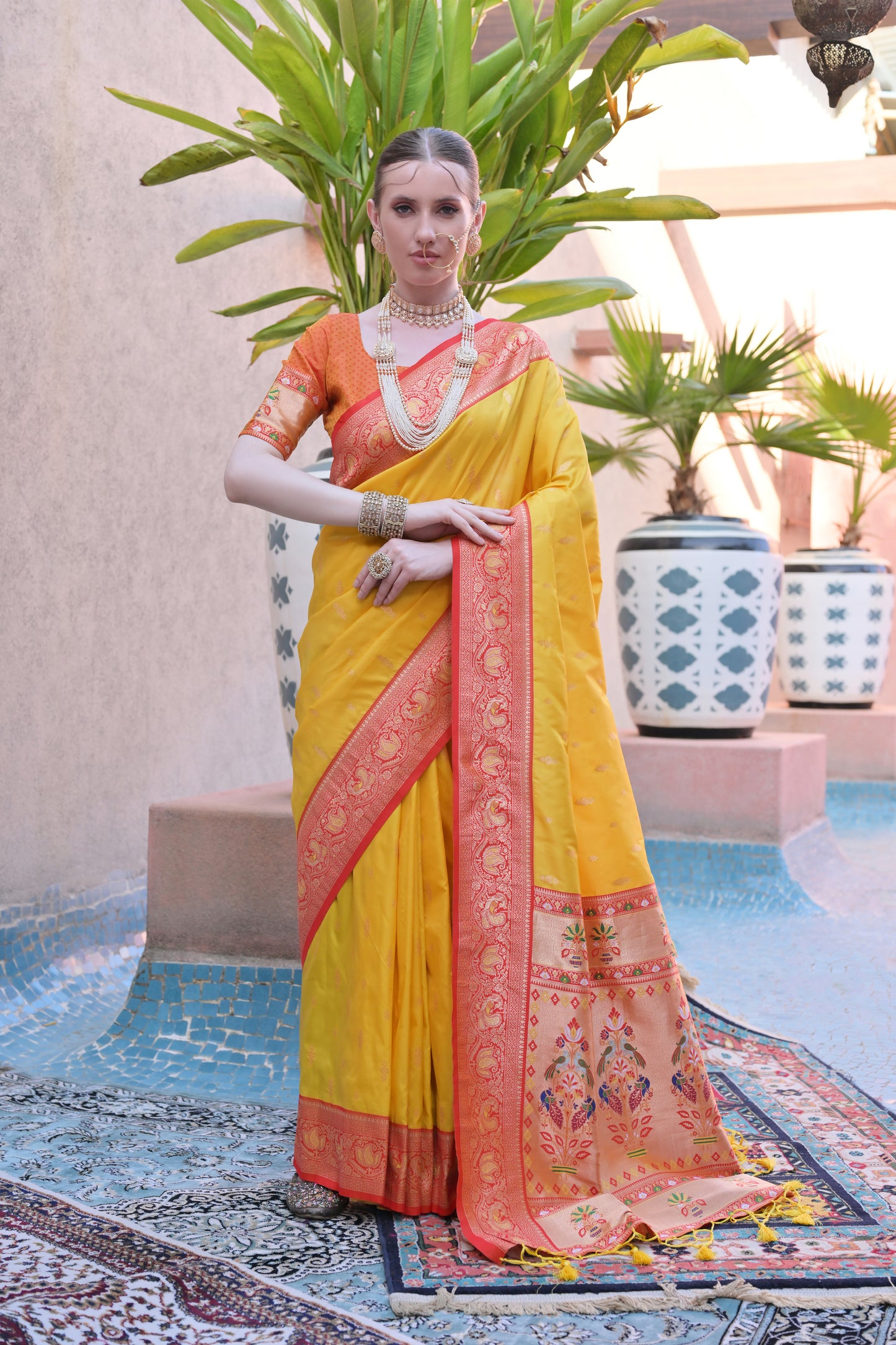 Women Paithani Aarti Yellow Saree With Unstiched Blouse