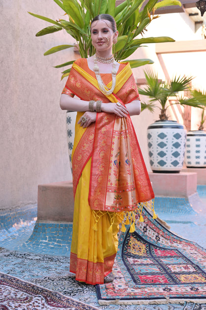 Women Paithani Aarti Yellow Saree With Unstiched Blouse