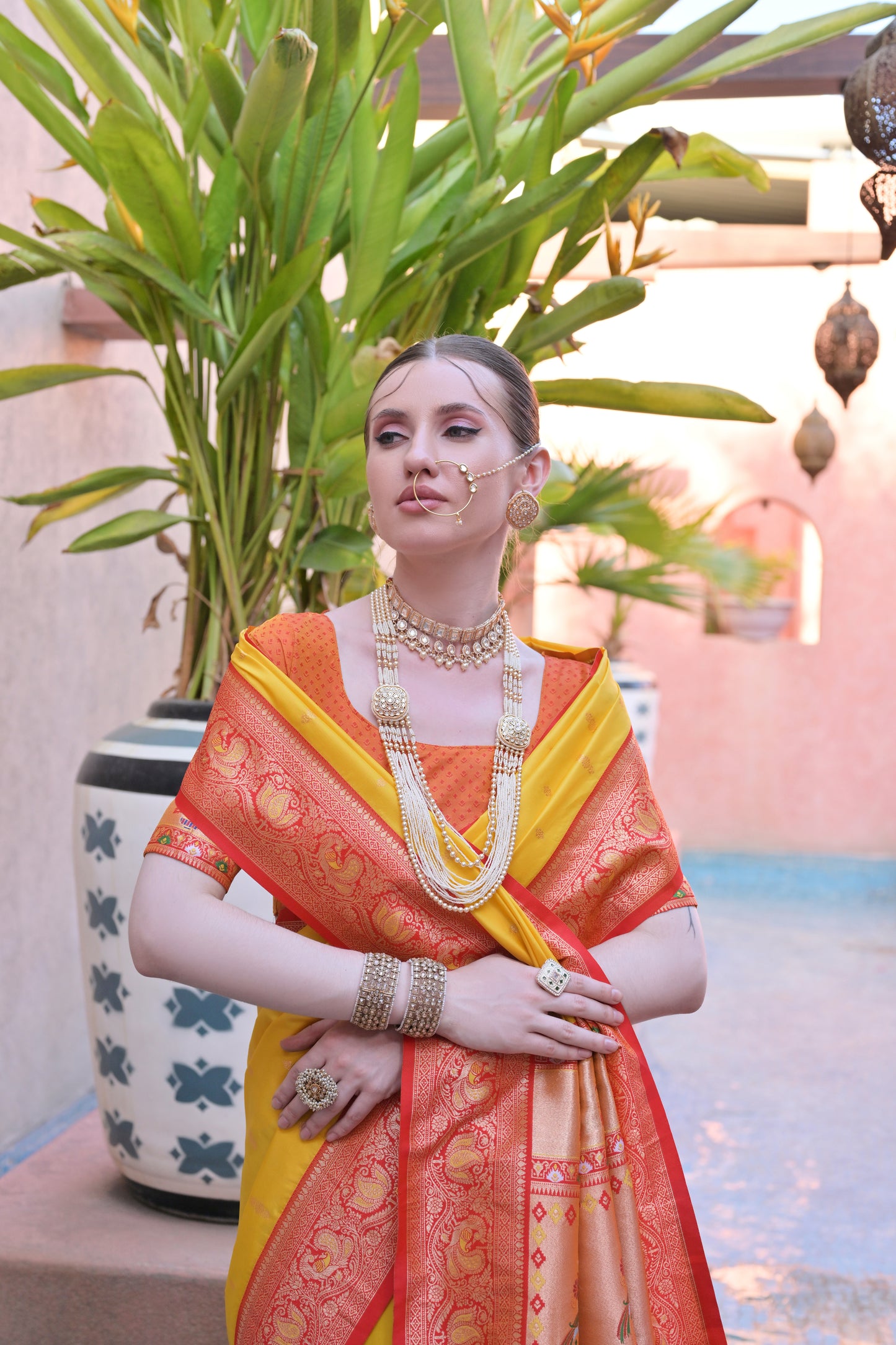 Women Paithani Aarti Yellow Saree With Unstiched Blouse