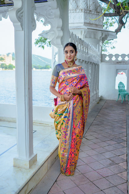 Women Paithani Mena 2 Peach Saree With Unstiched Blouse