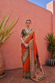 Women Paithani Nisha Orange Saree With Unstiched Blouse