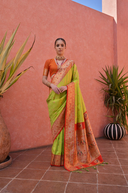 Women Paithani Nisha Pista Saree With Unstiched Blouse