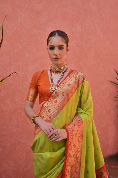 Women Paithani Nisha Pista Saree With Unstiched Blouse