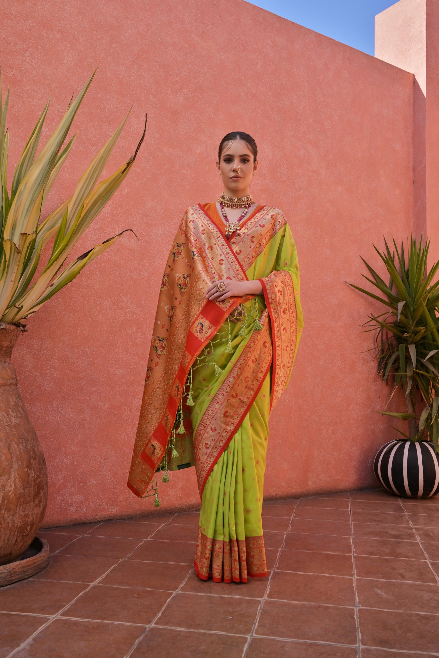 Women Paithani Nisha Pista Saree With Unstiched Blouse