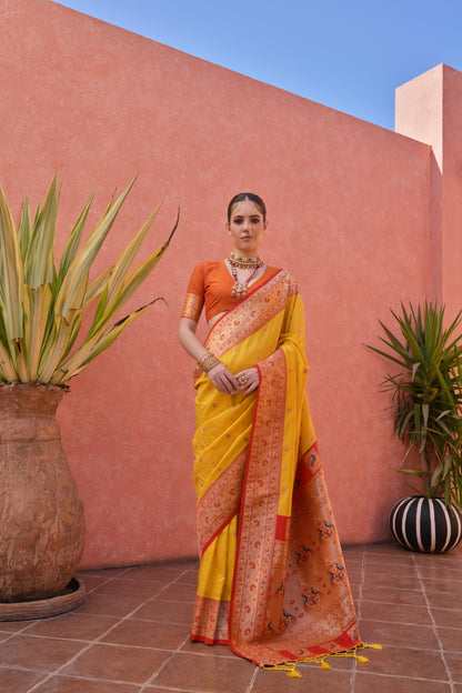 Women Paithani Nisha Yellow Saree With Unstiched Blouse