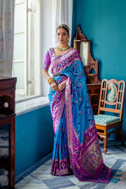 Women Paithani Priti Firozi Saree With Unstiched Blouse