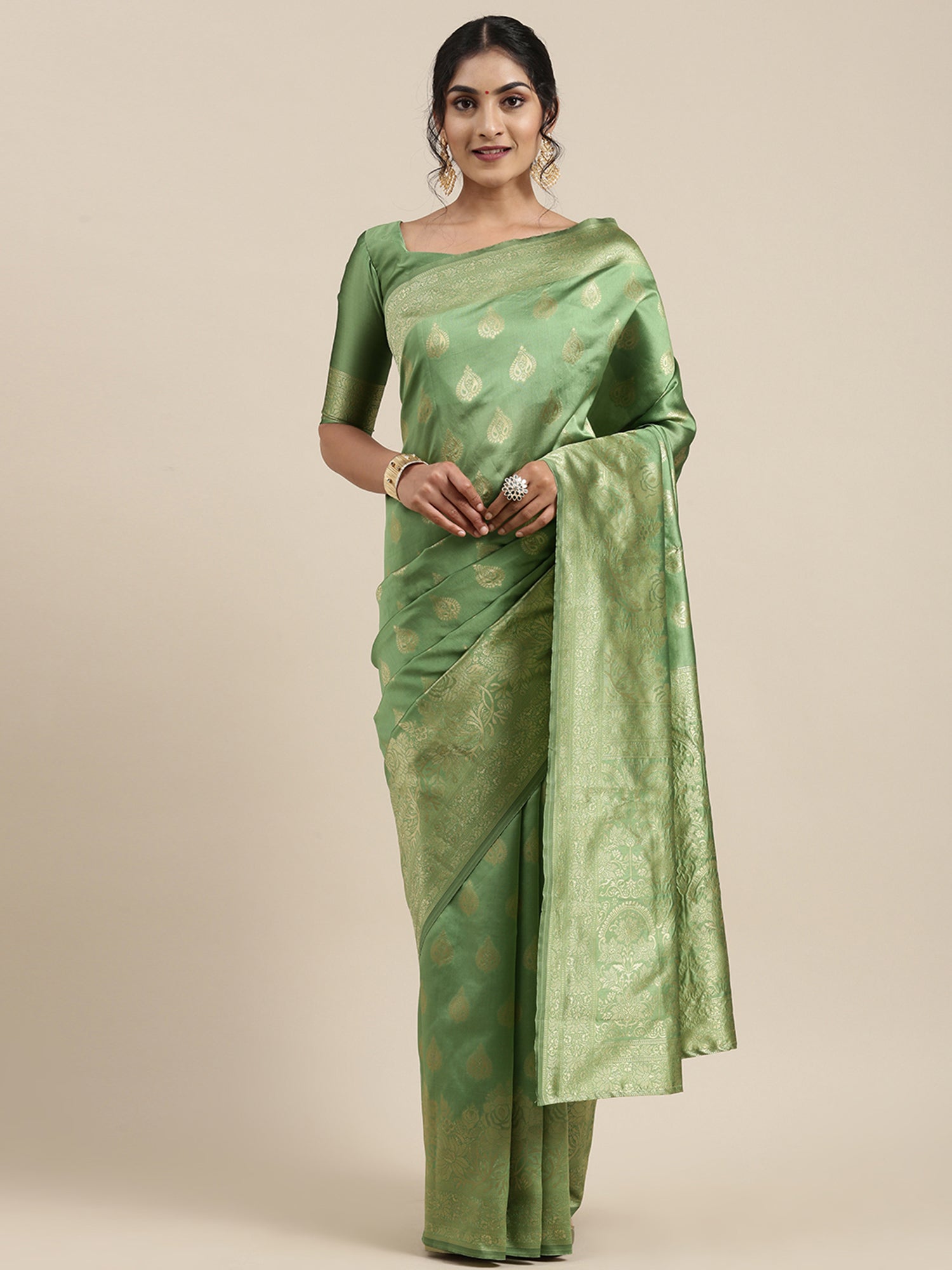 Women's Silk Blend Green Woven Design Woven saree With Blouse Piece
