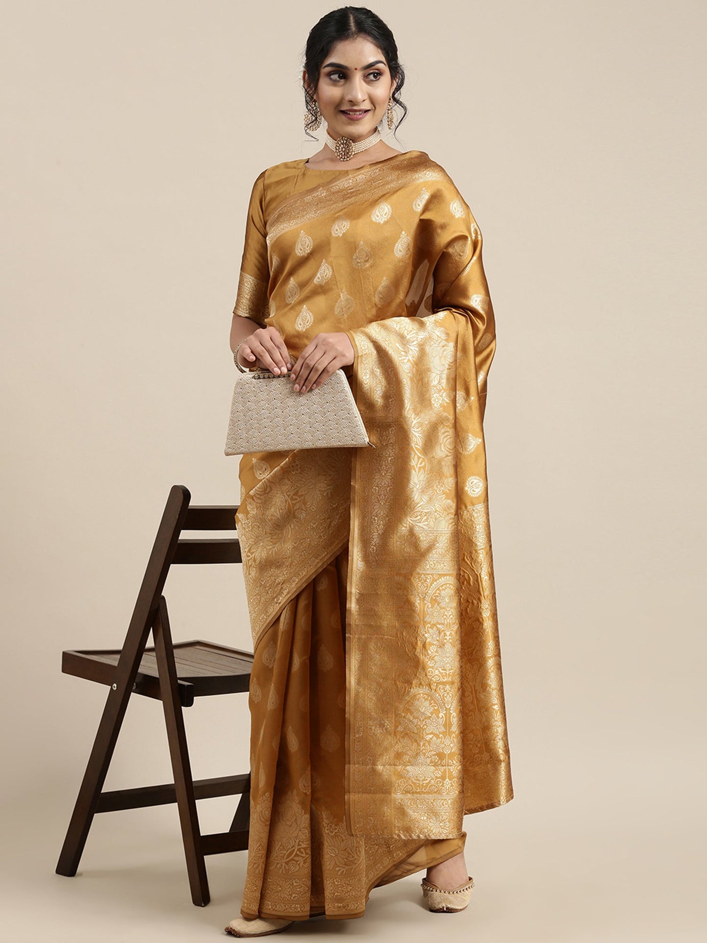 Women's Silk Blend Mustard Woven Design Woven saree With Blouse Piece