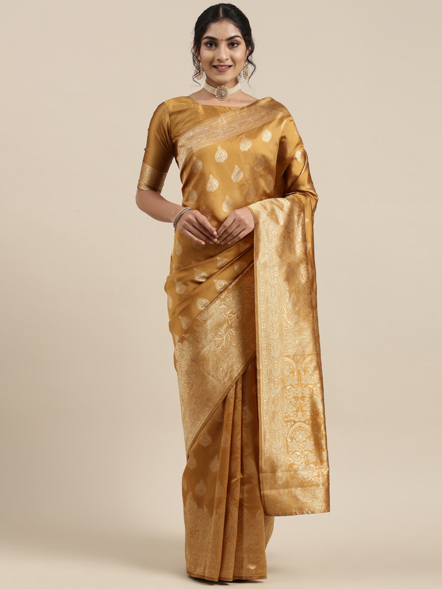 Women's Silk Blend Mustard Woven Design Woven saree With Blouse Piece
