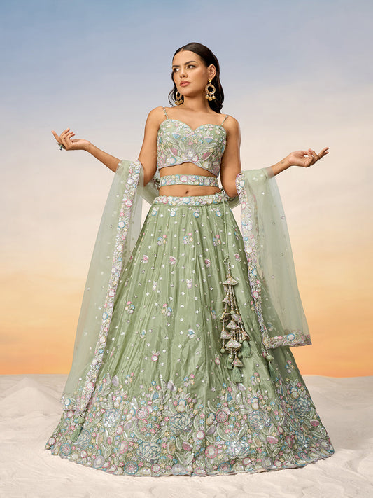 Women Lime green Chiffon Sequins and thread embroidery Semi-Stitched Lehenga choli & Dupatta