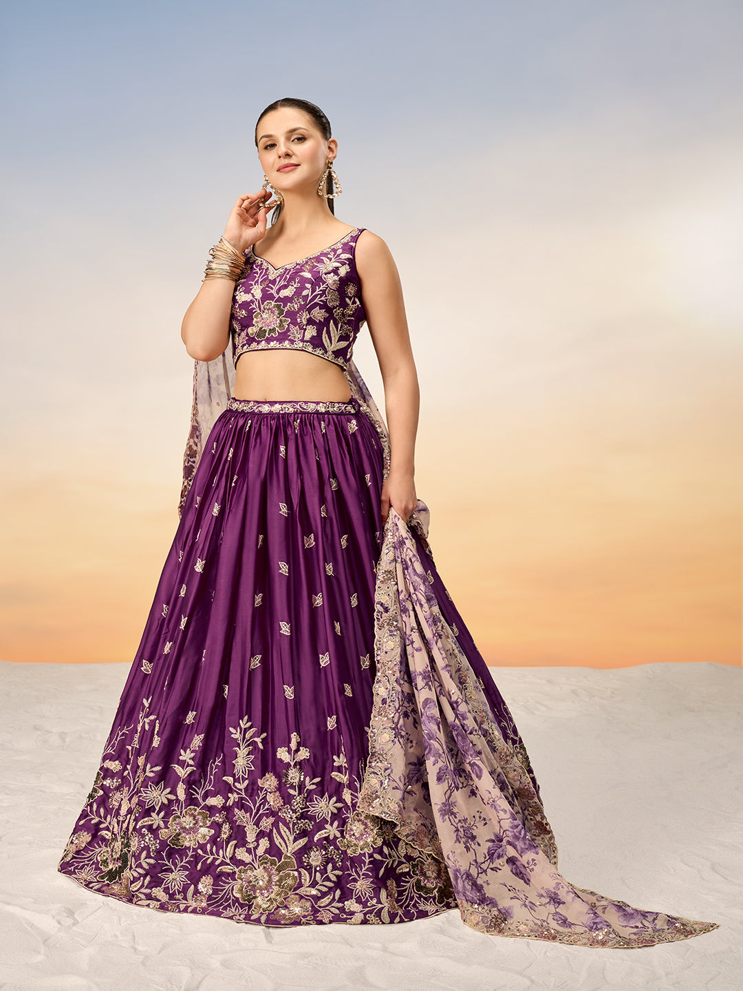 Women Burgundy Satin silk Sequins embroidery Semi-Stitched Lehenga choli & Dupatta