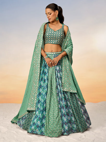 Women Lime Green Pure Chiffon position print with Sequins embroidery Semi-Stitched Lehenga choli & Dupatta