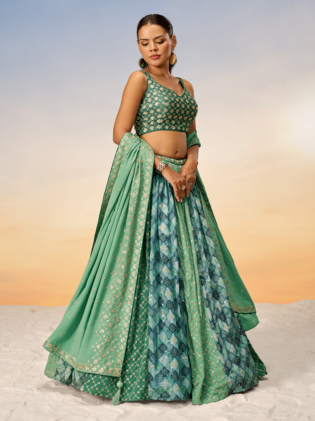 Women Lime Green Pure Chiffon position print with Sequins embroidery Semi-Stitched Lehenga choli & Dupatta