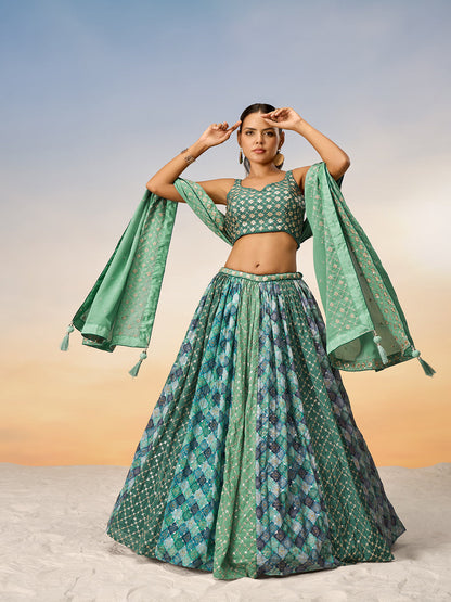 Women Lime Green Pure Chiffon position print with Sequins embroidery Semi-Stitched Lehenga choli & Dupatta