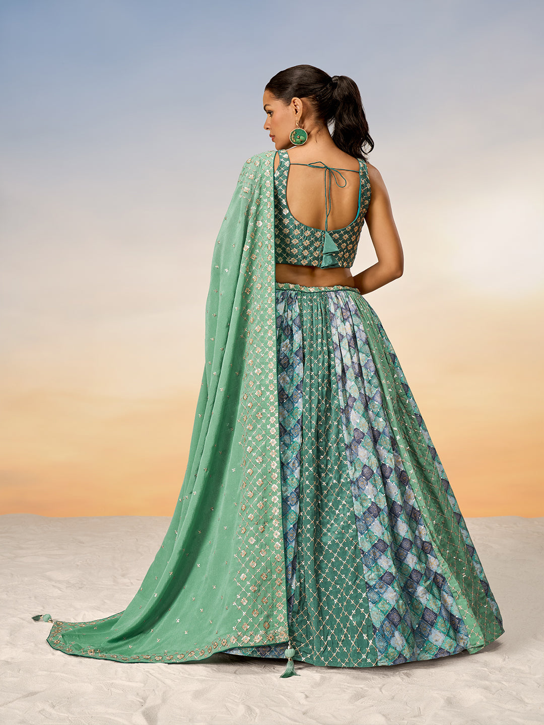 Women Lime Green Pure Chiffon position print with Sequins embroidery Semi-Stitched Lehenga choli & Dupatta