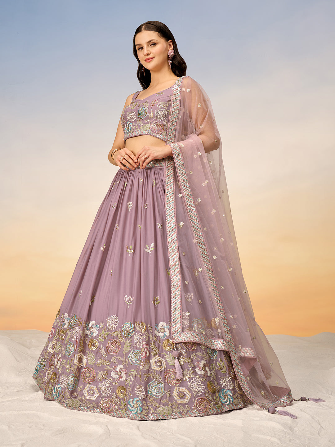 Women Mauve Pure Georgette Sequins embroidery Semi-Stitched Lehenga choli & Dupatta