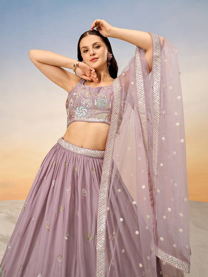 Women Mauve Pure Georgette Sequins embroidery Semi-Stitched Lehenga choli & Dupatta