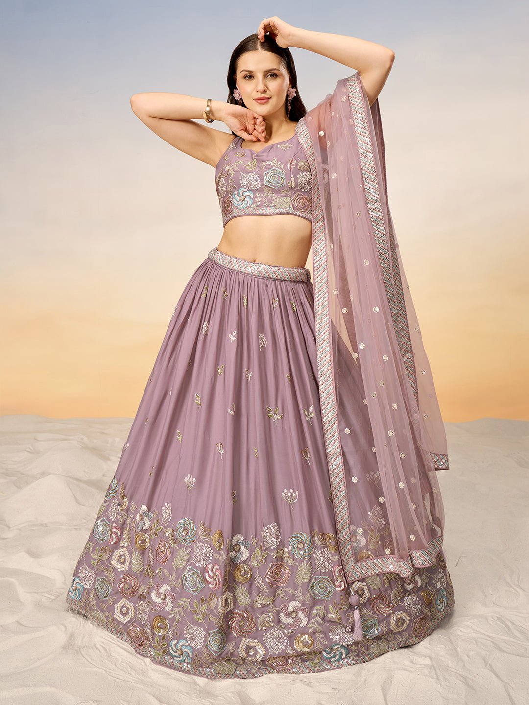 Women Mauve Pure Georgette Sequins embroidery Semi-Stitched Lehenga choli & Dupatta