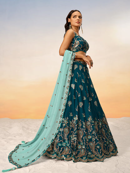 Women Teal Pure Georgette with heavy Sequins embroidery Semi-Stitched Lehenga choli & Dupatta