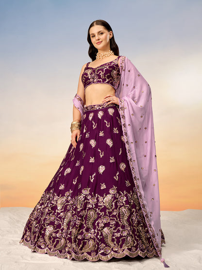 Women Burgundy Pure Georgette with heavy Sequins embroidery Semi-Stitched Lehenga choli & Dupatta