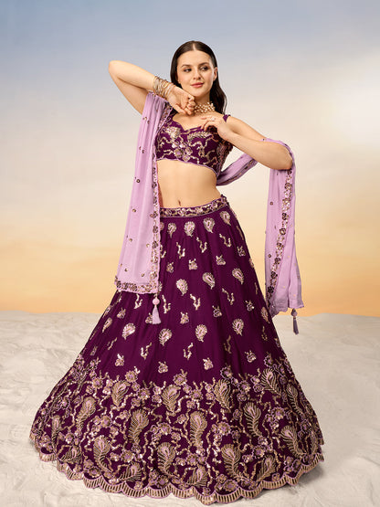 Women Burgundy Pure Georgette with heavy Sequins embroidery Semi-Stitched Lehenga choli & Dupatta