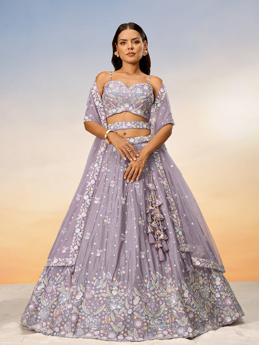 Women Mauve Chiffon Sequins and thread embroidery Semi-Stitched Lehenga choli & Dupatta