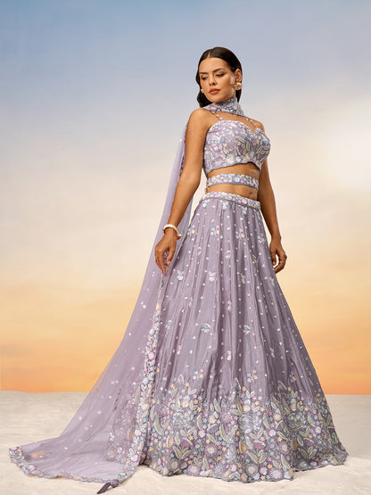 Women Mauve Chiffon Sequins and thread embroidery Semi-Stitched Lehenga choli & Dupatta