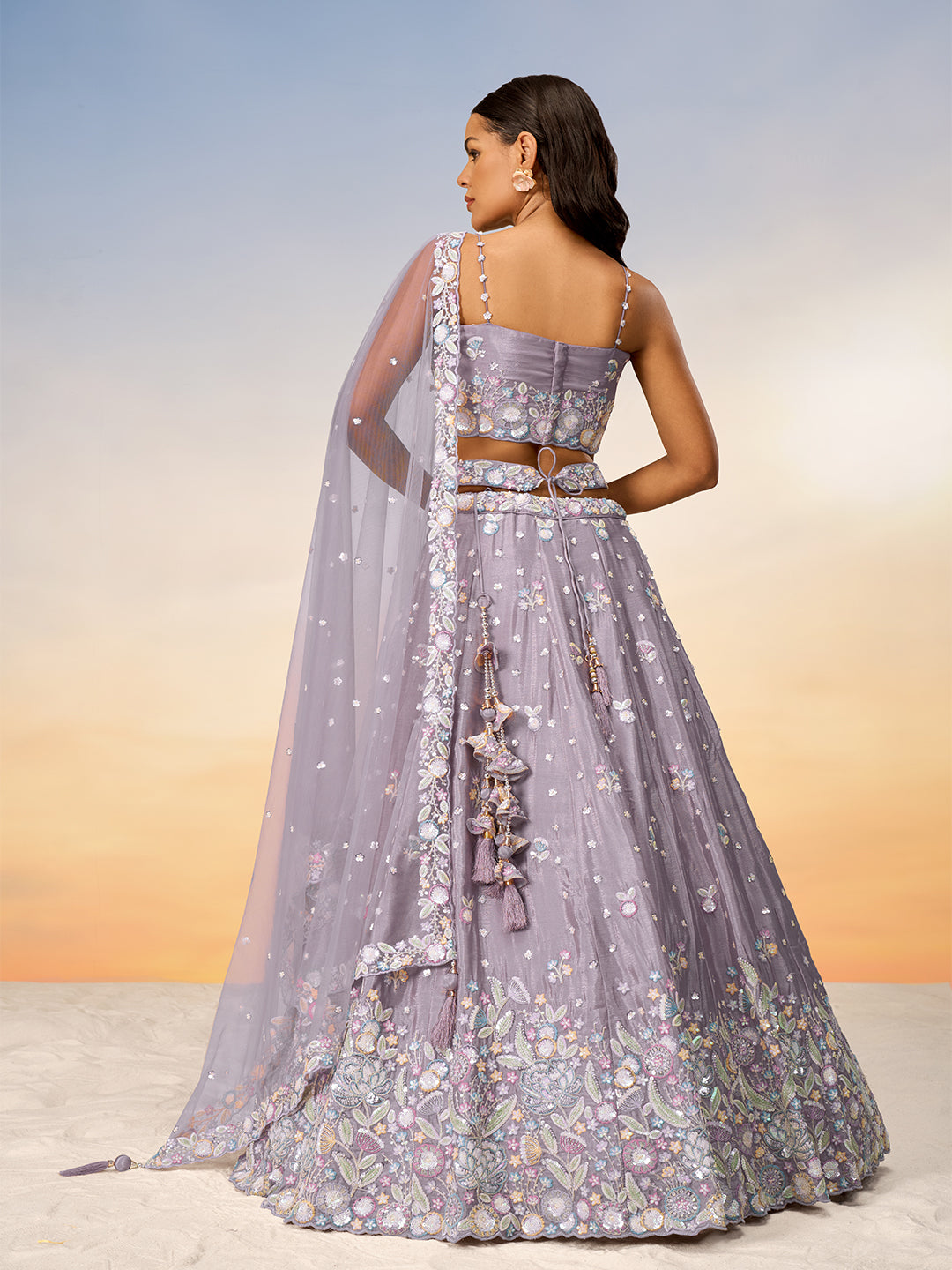 Women Mauve Chiffon Sequins and thread embroidery Semi-Stitched Lehenga choli & Dupatta