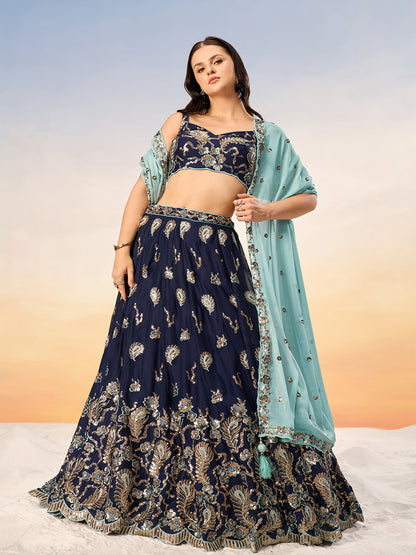 Women Navy blue Pure Georgette with heavy Sequins embroidery Semi-Stitched Lehenga choli & Dupatta