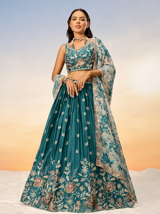 Women Teal Satin silk Sequins embroidery Semi-Stitched Lehenga choli & Dupatta