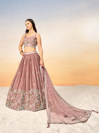 Women Rose gold Pure Georgette Sequins embroidery Semi-Stitched Lehenga choli & Dupatta