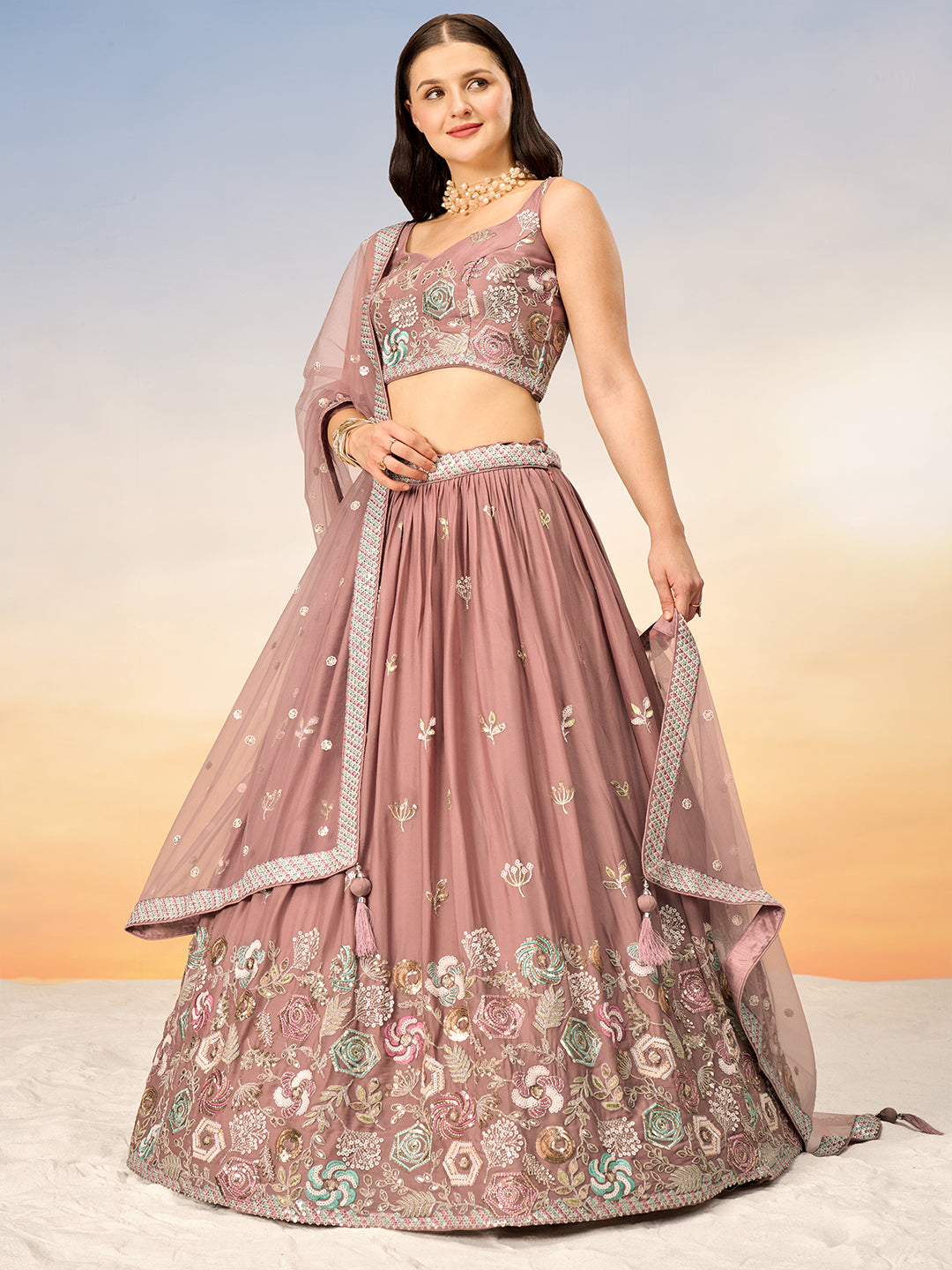 Women Rose gold Pure Georgette Sequins embroidery Semi-Stitched Lehenga choli & Dupatta