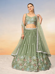 Women Lime green Pure Georgette Sequins embroidery Semi-Stitched Lehenga choli & Dupatta