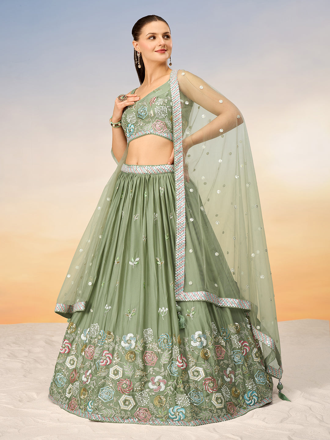 Women Lime green Pure Georgette Sequins embroidery Semi-Stitched Lehenga choli & Dupatta