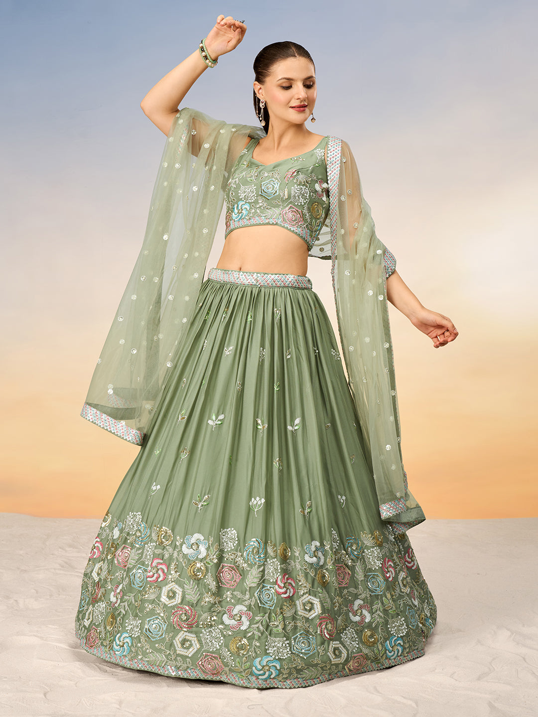 Women Lime green Pure Georgette Sequins embroidery Semi-Stitched Lehenga choli & Dupatta