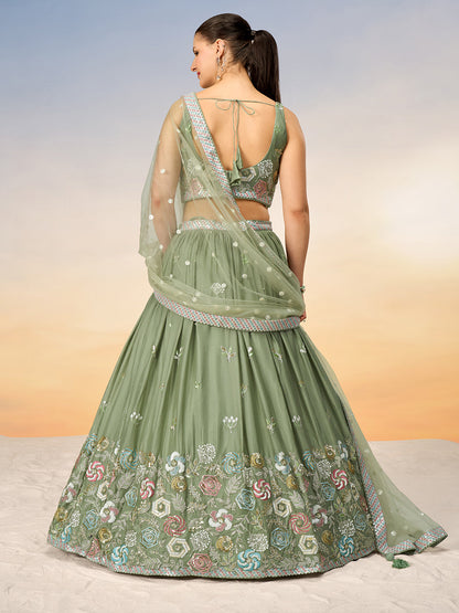 Women Lime green Pure Georgette Sequins embroidery Semi-Stitched Lehenga choli & Dupatta