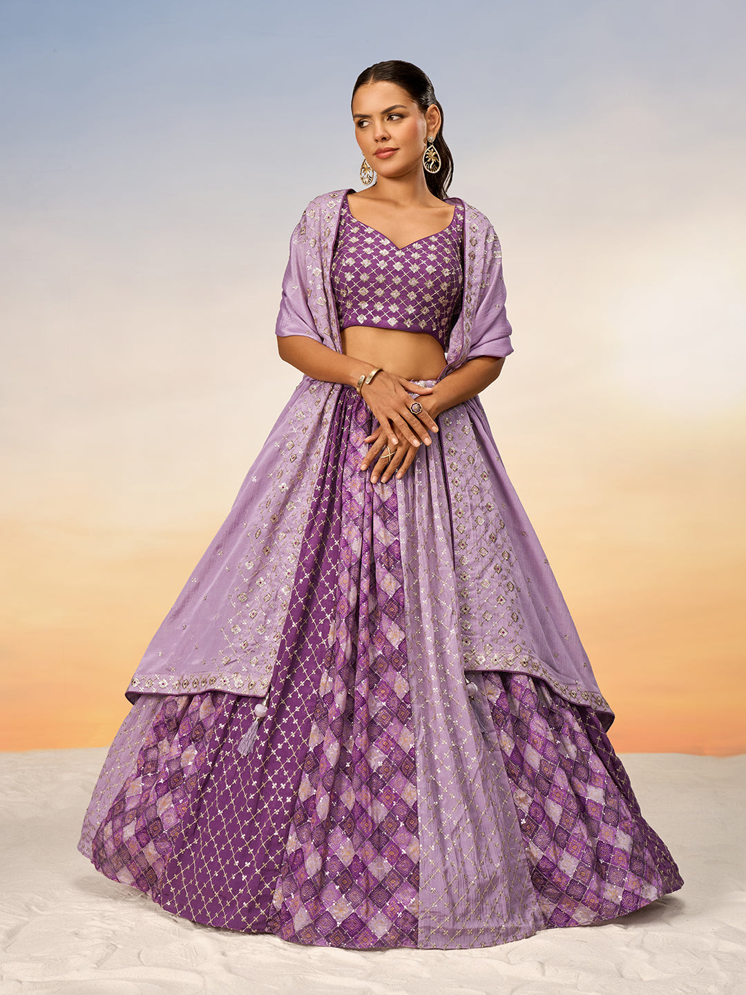 Women Lavender Pure Chiffon position print with Sequins embroidery Semi-Stitched Lehenga choli & Dupatta