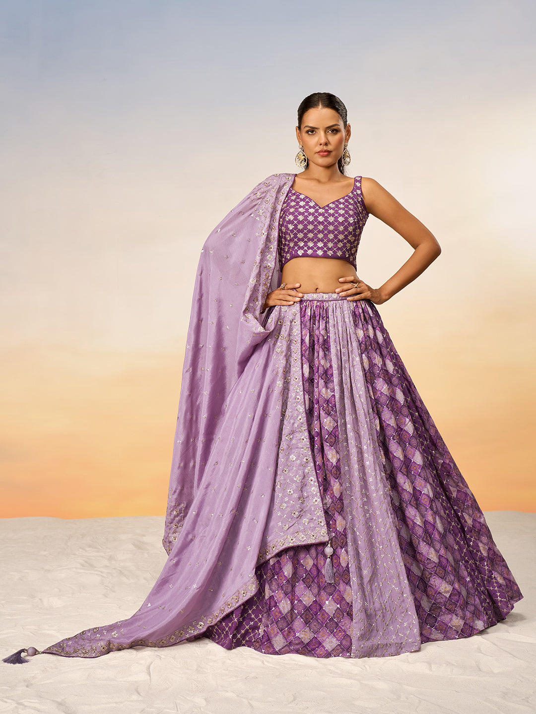 Women Lavender Pure Chiffon position print with Sequins embroidery Semi-Stitched Lehenga choli & Dupatta