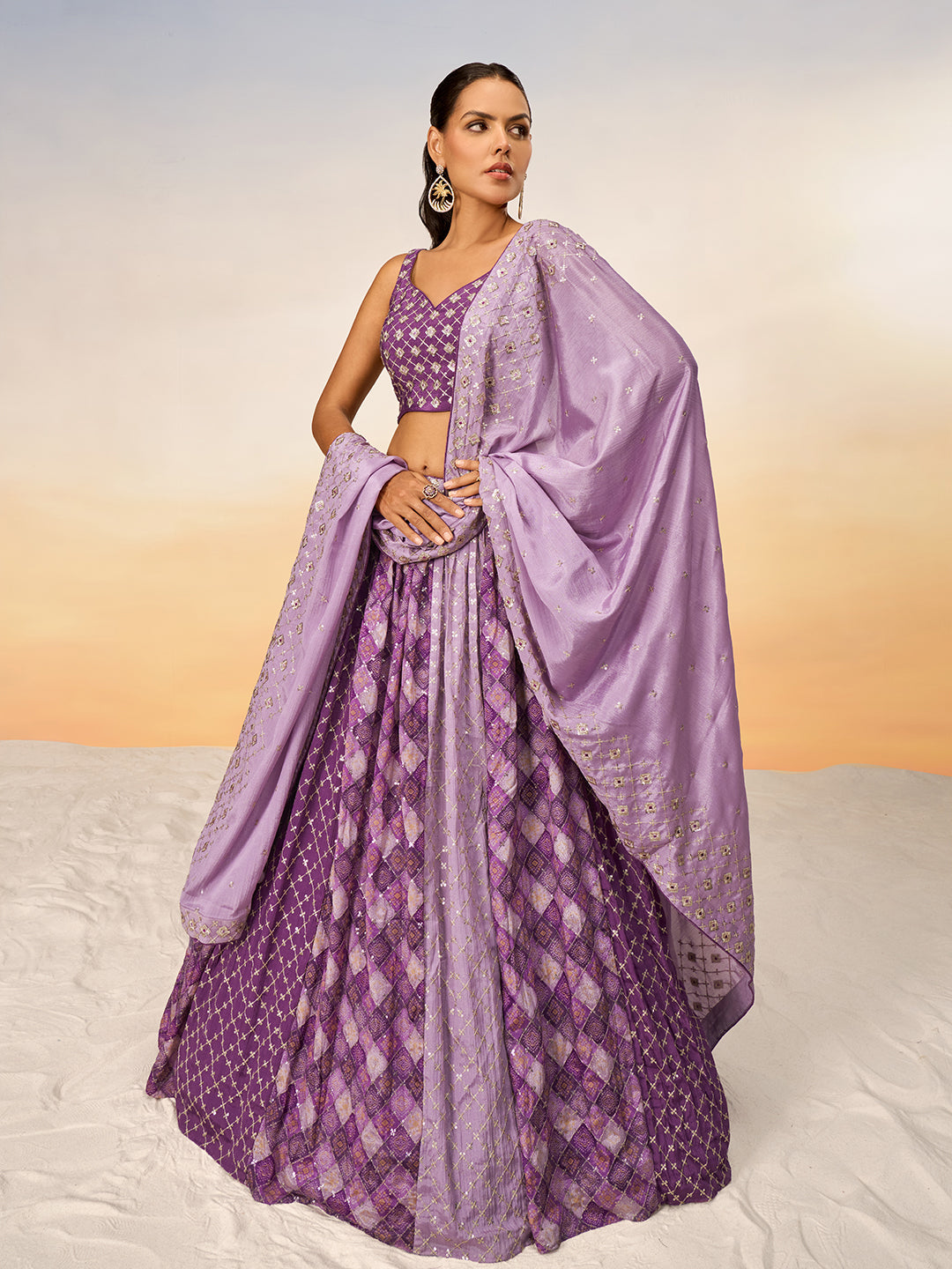 Women Lavender Pure Chiffon position print with Sequins embroidery Semi-Stitched Lehenga choli & Dupatta