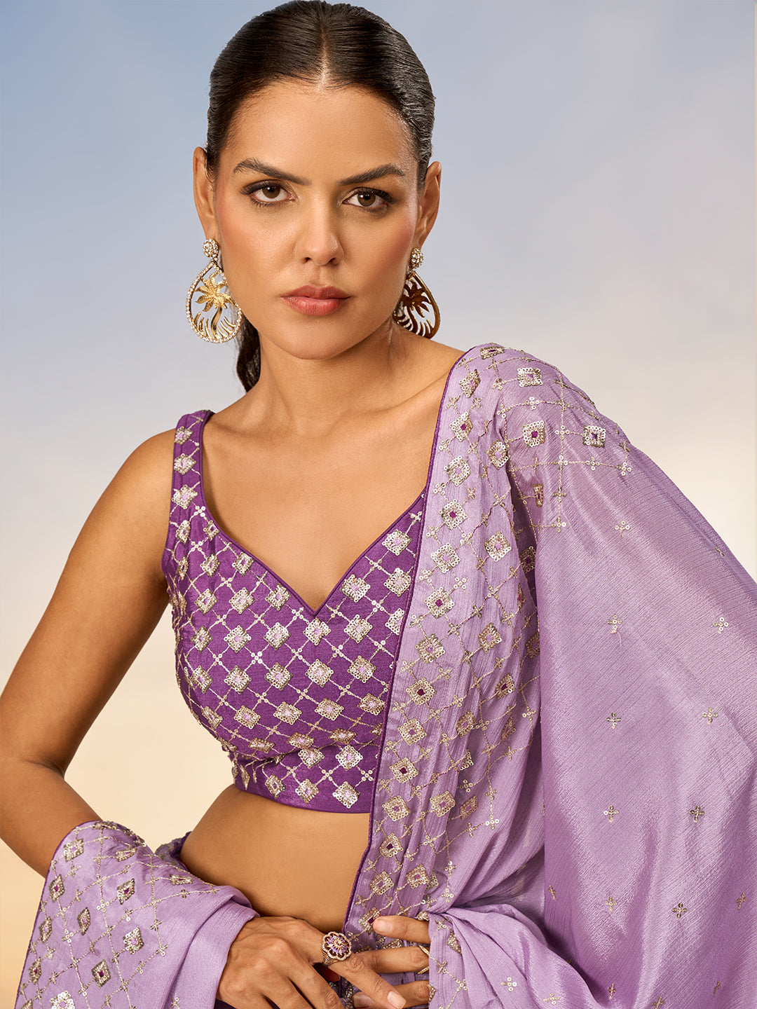 Women Lavender Pure Chiffon position print with Sequins embroidery Semi-Stitched Lehenga choli & Dupatta