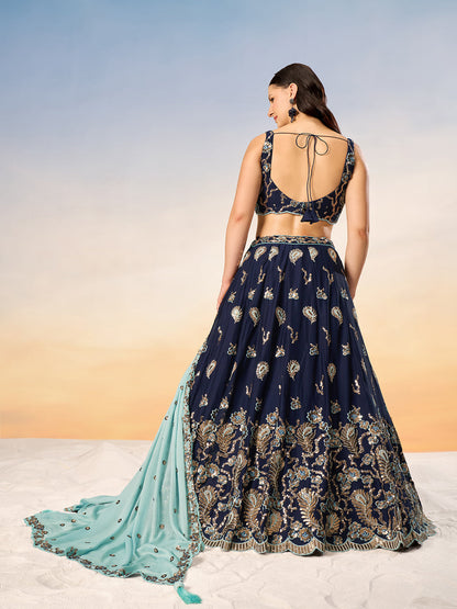 Women Navy blue Pure Georgette with heavy Sequins embroidery Semi-Stitched Lehenga choli & Dupatta