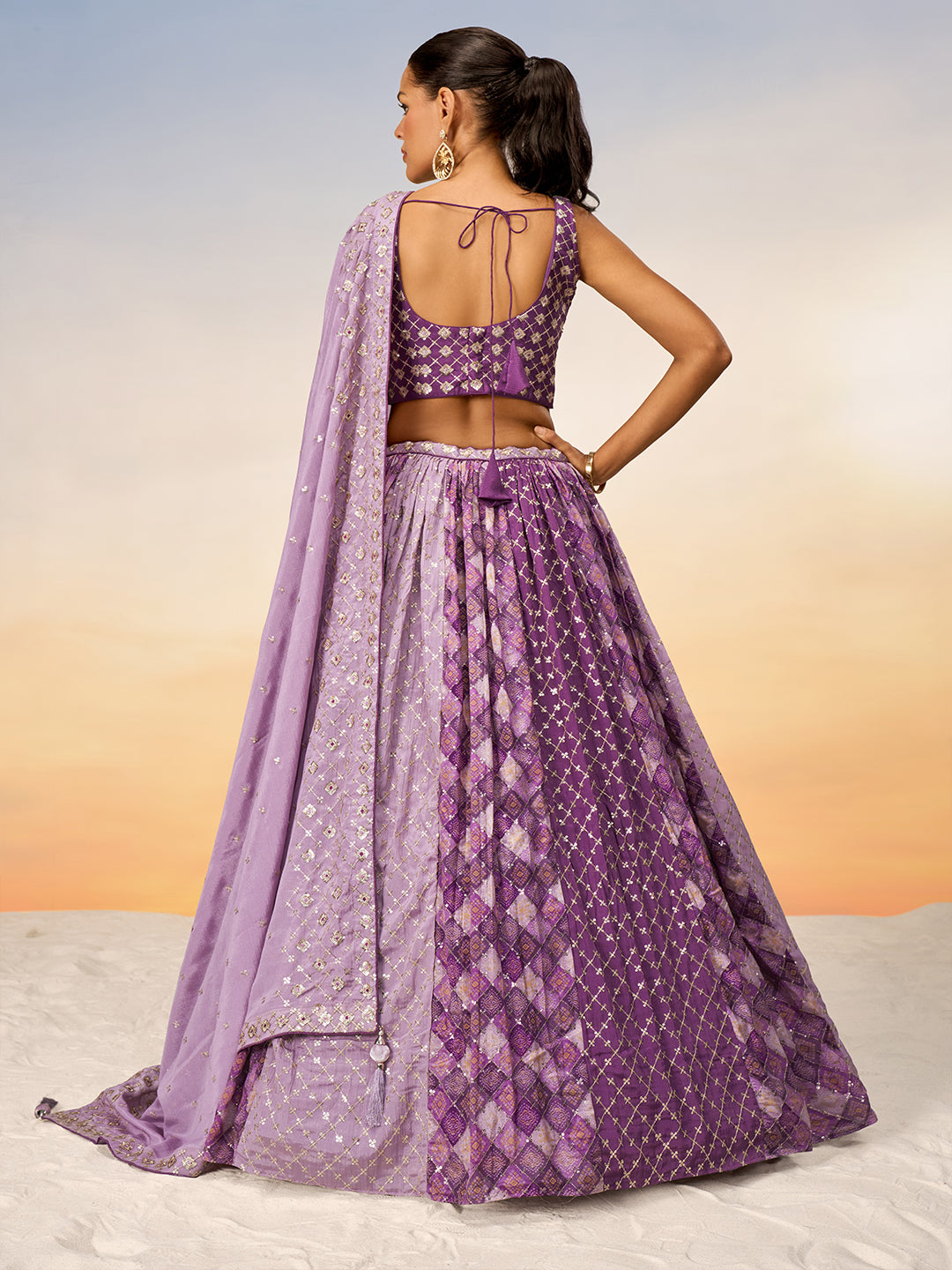 Women Lavender Pure Chiffon position print with Sequins embroidery Semi-Stitched Lehenga choli & Dupatta