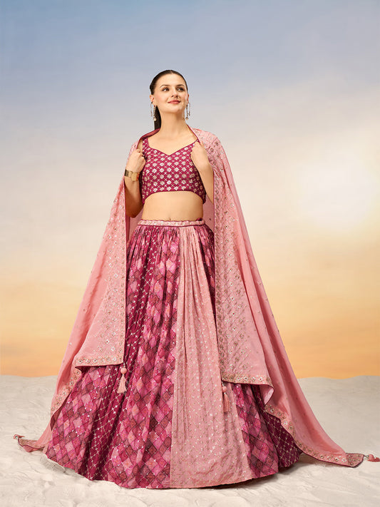 Women Pink Pure Chiffon position print with Sequins embroidery Semi-Stitched Lehenga choli & Dupatta