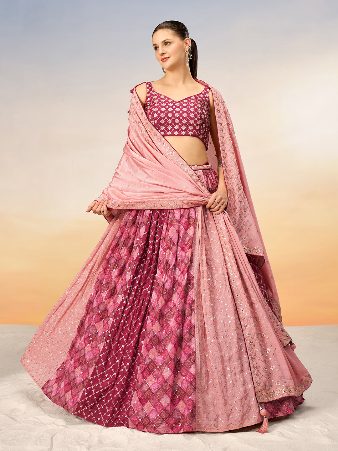 Women Pink Pure Chiffon position print with Sequins embroidery Semi-Stitched Lehenga choli & Dupatta