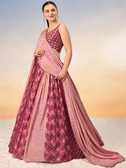 Women Pink Pure Chiffon position print with Sequins embroidery Semi-Stitched Lehenga choli & Dupatta