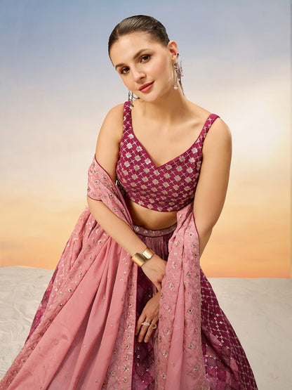 Women Pink Pure Chiffon position print with Sequins embroidery Semi-Stitched Lehenga choli & Dupatta