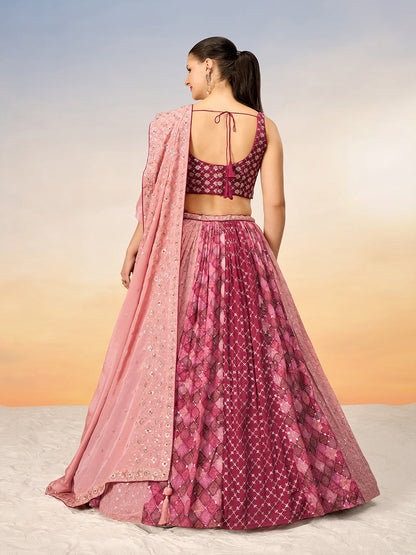 Women Pink Pure Chiffon position print with Sequins embroidery Semi-Stitched Lehenga choli & Dupatta